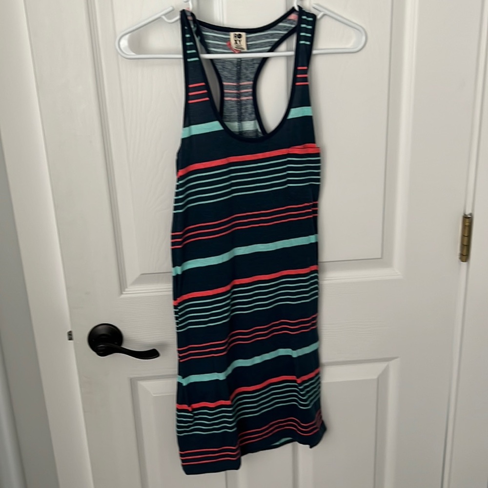 Roxy Sun Dress. Dark blue, light blue, and pink.